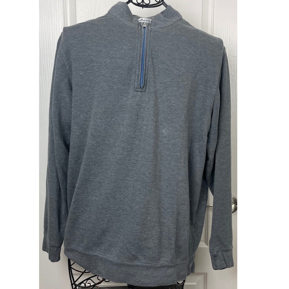 Peter Millar Mens Sz Large Gray Quarter Zip Pullover Sweater Blue Trim Golf Fall